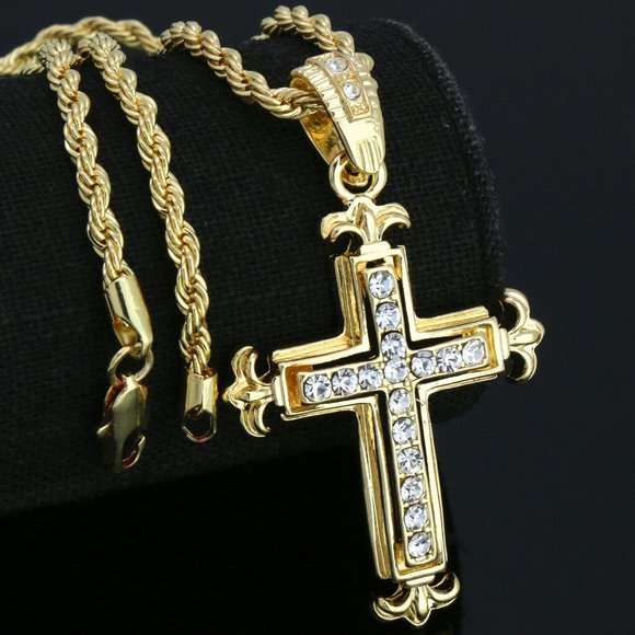 14k Gold Jesus Cross 24" Stamped Necklace - Picture 1 of 5